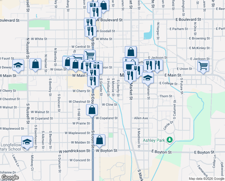 map of restaurants, bars, coffee shops, grocery stores, and more near 200-298 S Holland St in Marion
