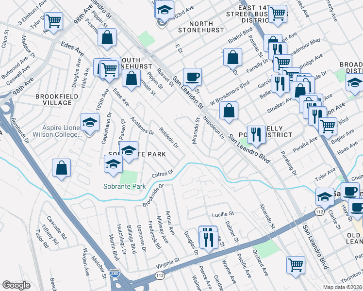 map of restaurants, bars, coffee shops, grocery stores, and more near 345 Accolade Drive in San Leandro