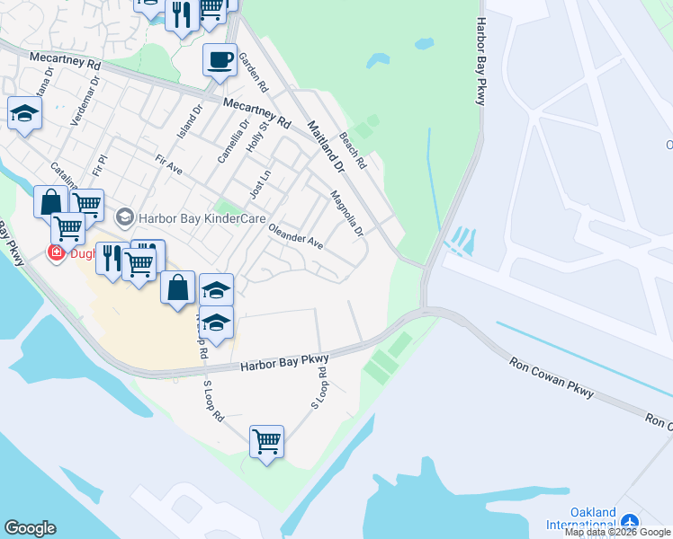 map of restaurants, bars, coffee shops, grocery stores, and more near 360 Oleander Avenue in Alameda