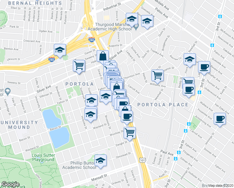 map of restaurants, bars, coffee shops, grocery stores, and more near in San Francisco