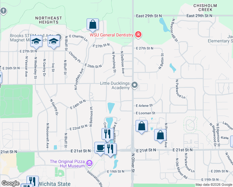 map of restaurants, bars, coffee shops, grocery stores, and more near 2551 Dellrose in Wichita