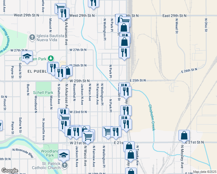 map of restaurants, bars, coffee shops, grocery stores, and more near 2553 North Park Place in Wichita