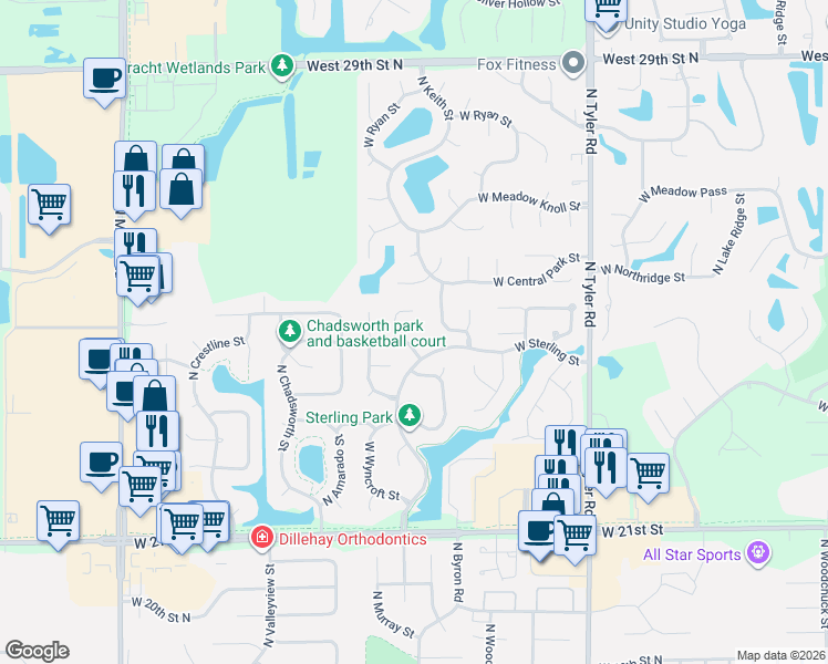 map of restaurants, bars, coffee shops, grocery stores, and more near 9426 Sterling Court in Wichita