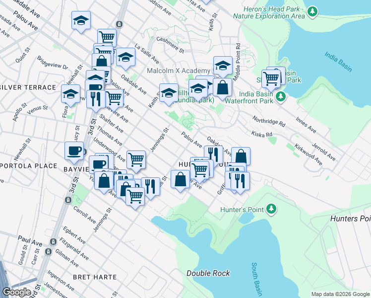 map of restaurants, bars, coffee shops, grocery stores, and more near Quesada Ave & Ingalls St in San Francisco