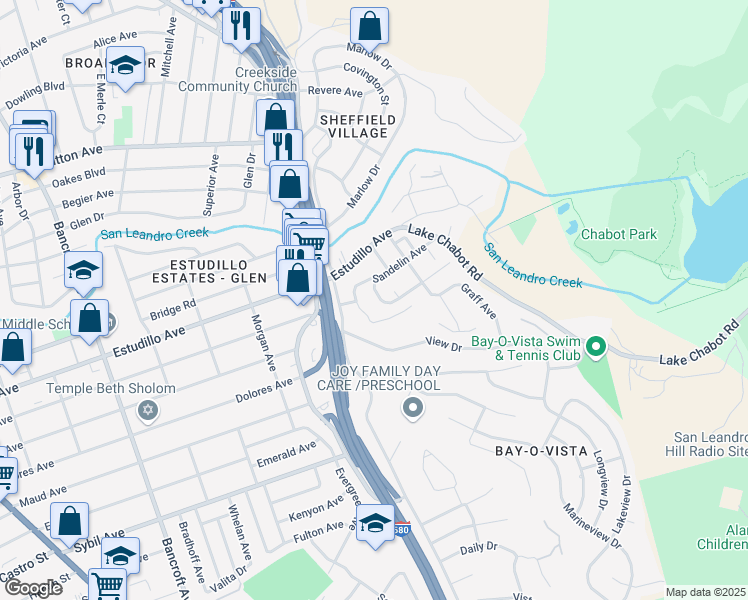 map of restaurants, bars, coffee shops, grocery stores, and more near 1319 East Juana Avenue in San Leandro