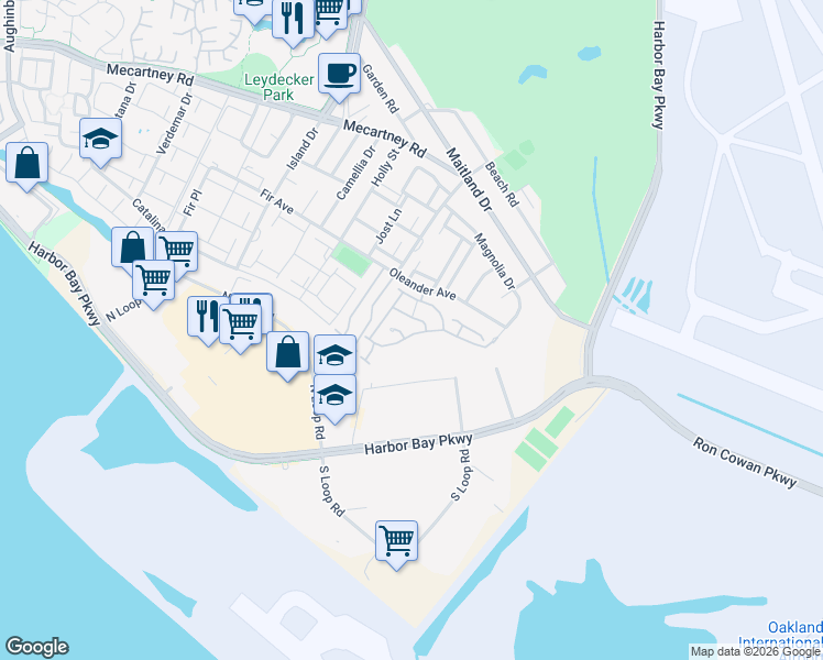 map of restaurants, bars, coffee shops, grocery stores, and more near 1227 Silva Lane in Alameda