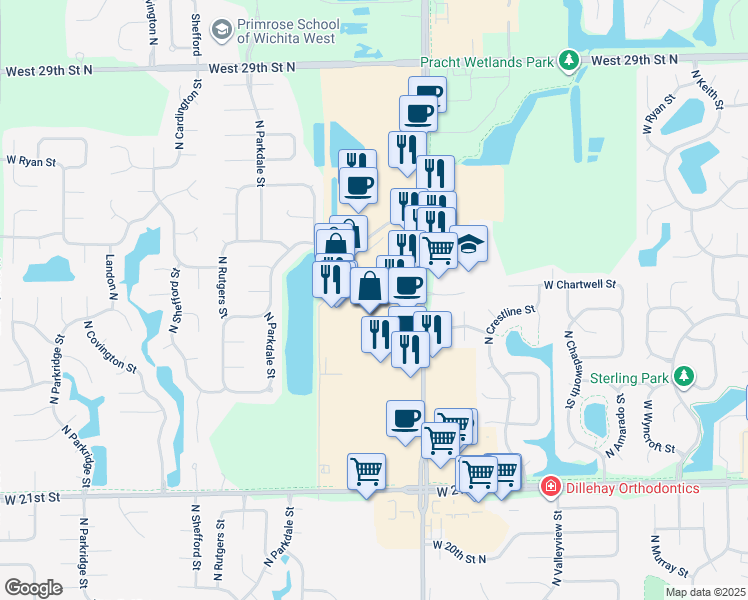 map of restaurants, bars, coffee shops, grocery stores, and more near 2441 North Maize Road in Wichita