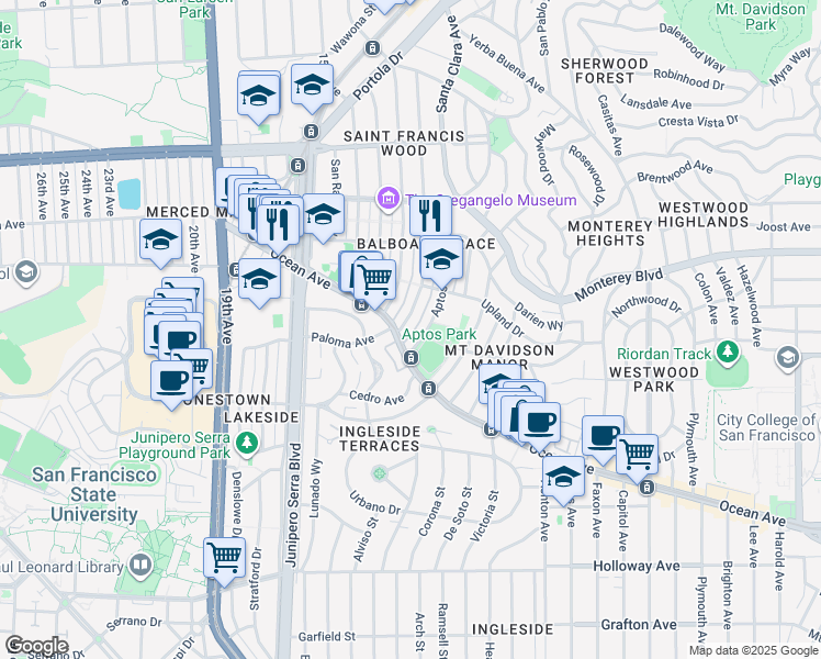 map of restaurants, bars, coffee shops, grocery stores, and more near 377 San Benito Way in San Francisco