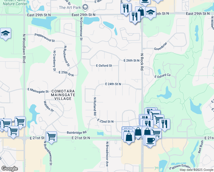 map of restaurants, bars, coffee shops, grocery stores, and more near 7511 East 24th Court North in Wichita