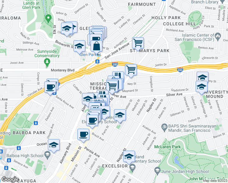 map of restaurants, bars, coffee shops, grocery stores, and more near 4298 Mission Street in San Francisco