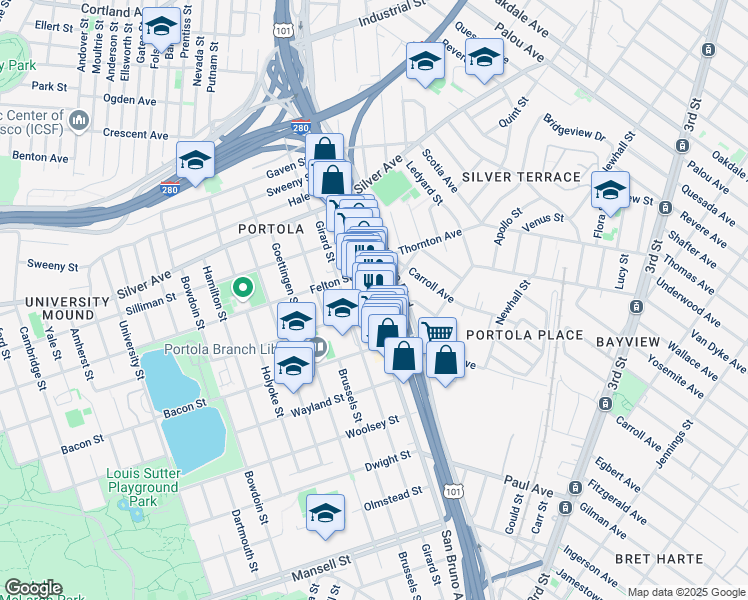 map of restaurants, bars, coffee shops, grocery stores, and more near 2585 San Bruno Avenue in San Francisco