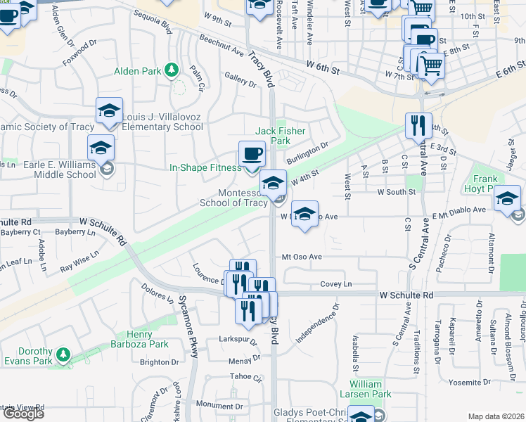 map of restaurants, bars, coffee shops, grocery stores, and more near 661 West Mount Diablo Avenue in Tracy