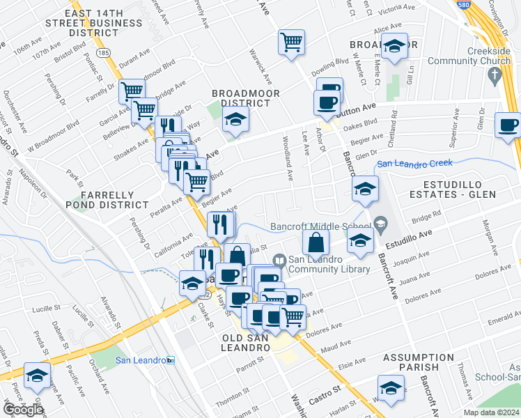 map of restaurants, bars, coffee shops, grocery stores, and more near 976 Karol Way in San Leandro