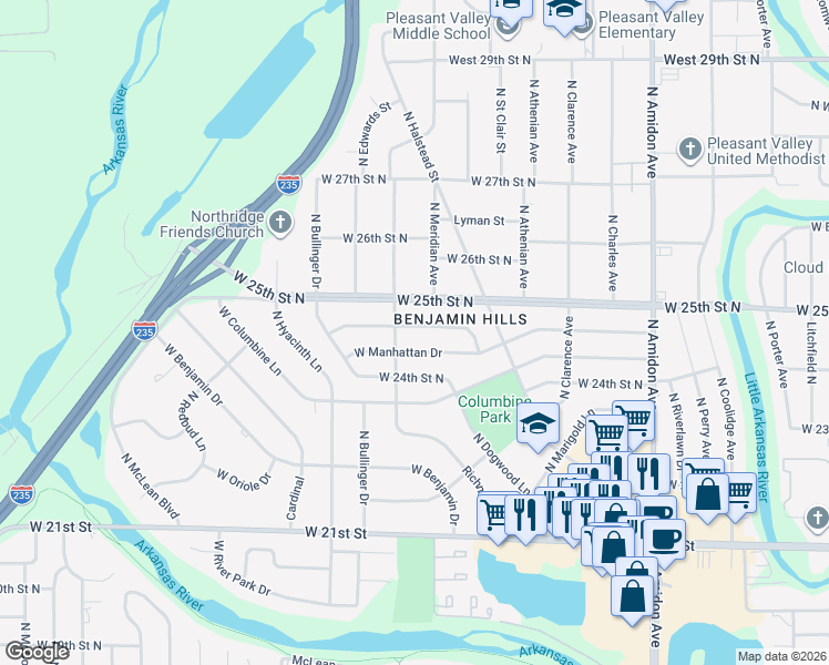 map of restaurants, bars, coffee shops, grocery stores, and more near 2517 Wilson Drive in Wichita