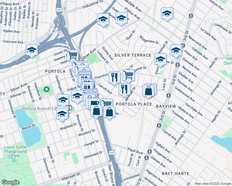 map of restaurants, bars, coffee shops, grocery stores, and more near 2525 Phelps Street in San Francisco