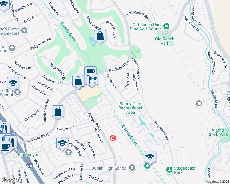 map of restaurants, bars, coffee shops, grocery stores, and more near 9 Dogwood Court in San Ramon