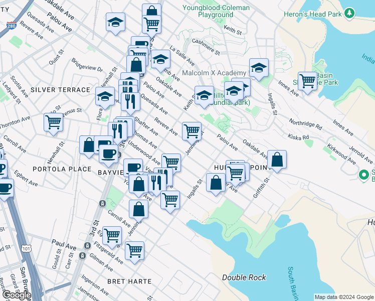 map of restaurants, bars, coffee shops, grocery stores, and more near in San Francisco