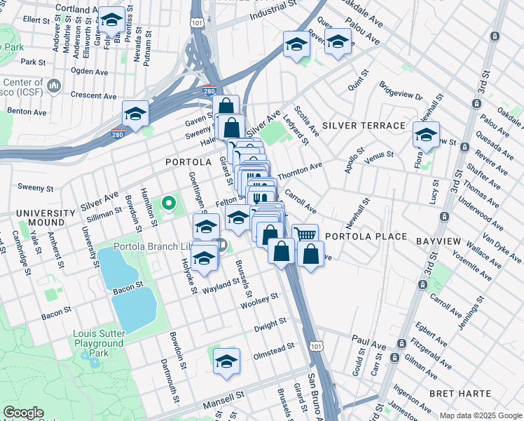 map of restaurants, bars, coffee shops, grocery stores, and more near 2 Burrows Street in San Francisco