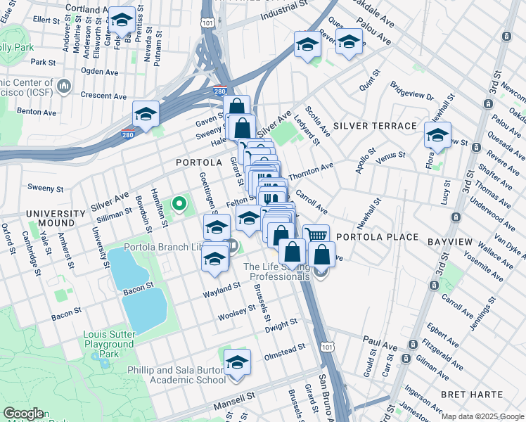 map of restaurants, bars, coffee shops, grocery stores, and more near 2 Burrows Street in San Francisco