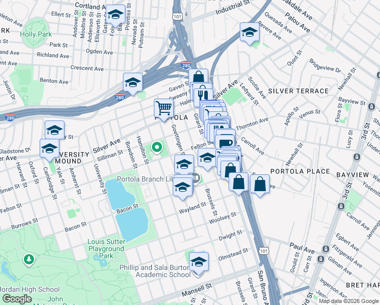 map of restaurants, bars, coffee shops, grocery stores, and more near 254 Felton Street in San Francisco