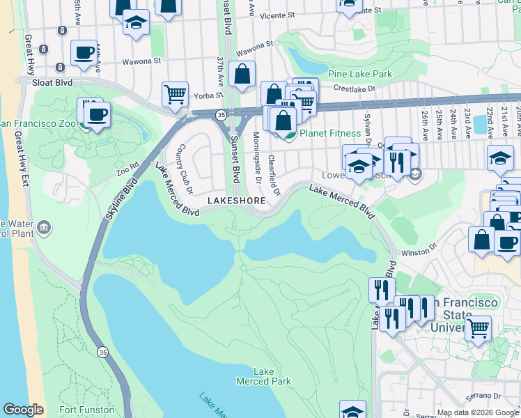 map of restaurants, bars, coffee shops, grocery stores, and more near 280 Morningside Drive in San Francisco