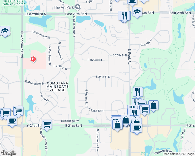 map of restaurants, bars, coffee shops, grocery stores, and more near 7510 North 24th Street Court in Wichita