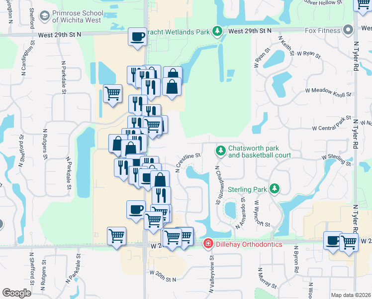 map of restaurants, bars, coffee shops, grocery stores, and more near 10017 W Chartwell Cir in Wichita