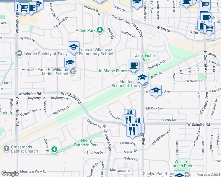 map of restaurants, bars, coffee shops, grocery stores, and more near 1231 Renown Drive in Tracy