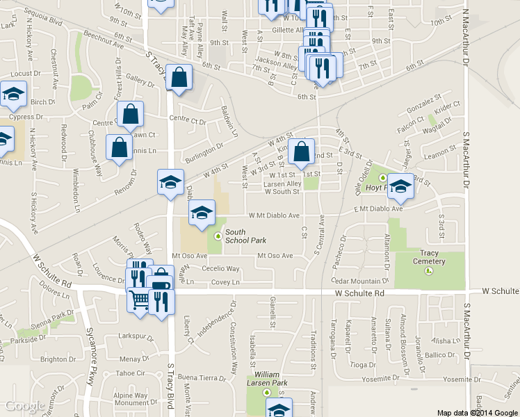 map of restaurants, bars, coffee shops, grocery stores, and more near 211 West Mount Diablo Avenue in Tracy