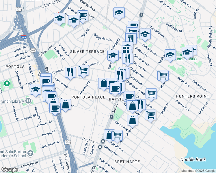 map of restaurants, bars, coffee shops, grocery stores, and more near 46 Williams Avenue in San Francisco