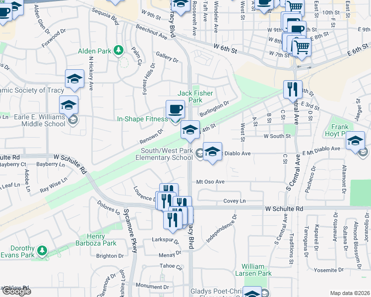 map of restaurants, bars, coffee shops, grocery stores, and more near 661 West Mount Diablo Avenue in Tracy