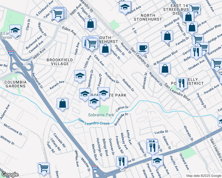 map of restaurants, bars, coffee shops, grocery stores, and more near 528 La Prenda Drive in Oakland