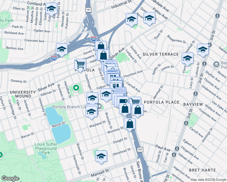 map of restaurants, bars, coffee shops, grocery stores, and more near 2564 San Bruno Ave in San Francisco
