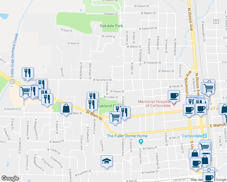 map of restaurants, bars, coffee shops, grocery stores, and more near 906 West Pecan Street in Carbondale