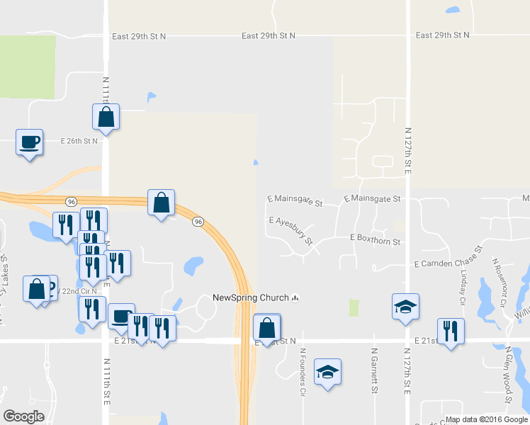 map of restaurants, bars, coffee shops, grocery stores, and more near 12006 East Mainsgate Street in Wichita