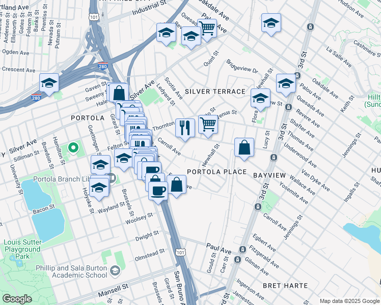 map of restaurants, bars, coffee shops, grocery stores, and more near 2525 Phelps Street in San Francisco