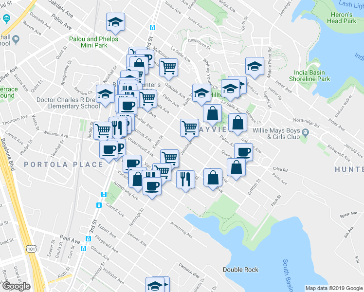 map of restaurants, bars, coffee shops, grocery stores, and more near 1414 Shafter Avenue in San Francisco