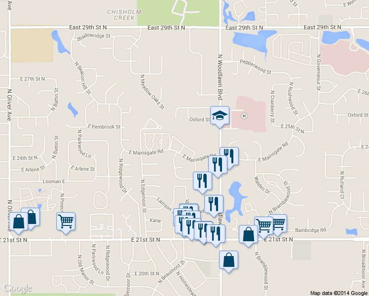 map of restaurants, bars, coffee shops, grocery stores, and more near 5900 East Mainsgate Road in Wichita