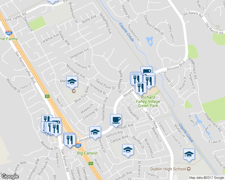 map of restaurants, bars, coffee shops, grocery stores, and more near 9517 Sandpoint Drive in San Ramon