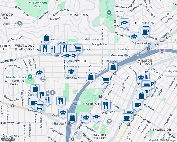 map of restaurants, bars, coffee shops, grocery stores, and more near 227 Flood Avenue in San Francisco