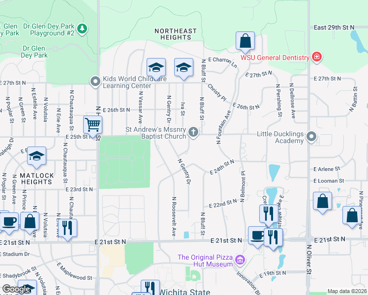 map of restaurants, bars, coffee shops, grocery stores, and more near 2535 Fenner Street in Wichita