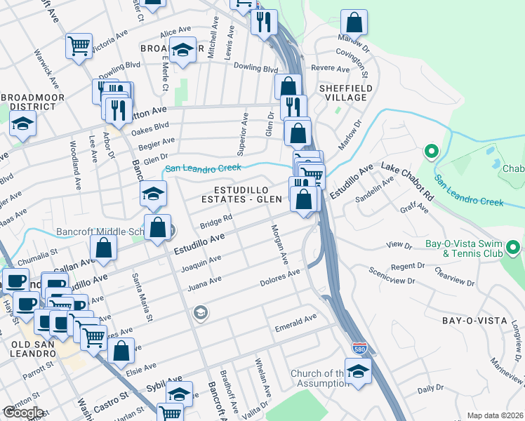 map of restaurants, bars, coffee shops, grocery stores, and more near 887 Bridge Road in San Leandro