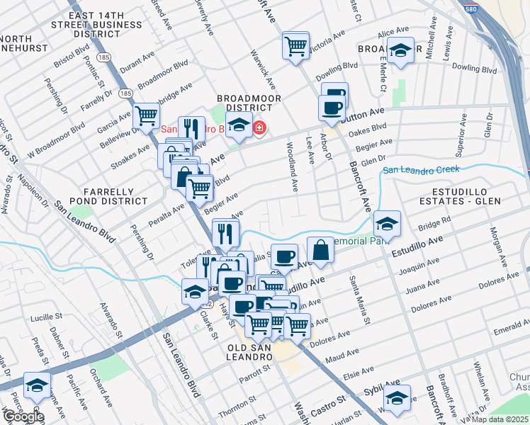 map of restaurants, bars, coffee shops, grocery stores, and more near 281 Haas Avenue in San Leandro