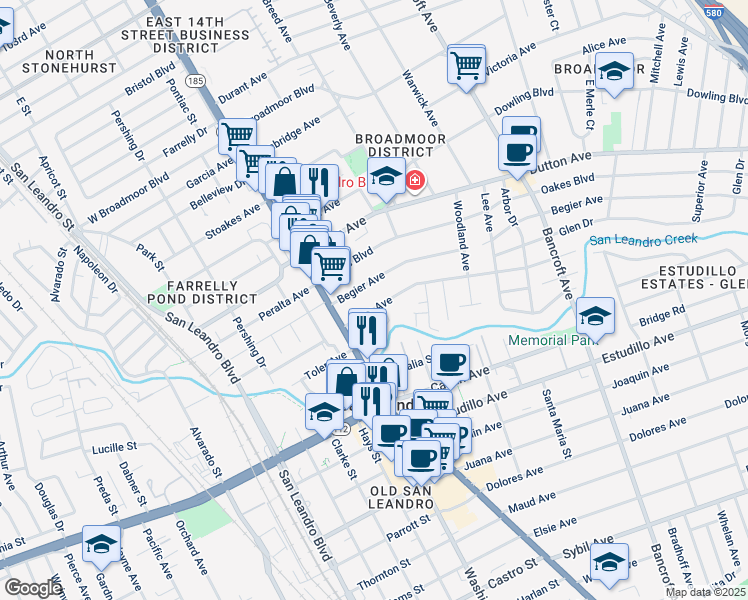 map of restaurants, bars, coffee shops, grocery stores, and more near 174 Haas Avenue in San Leandro