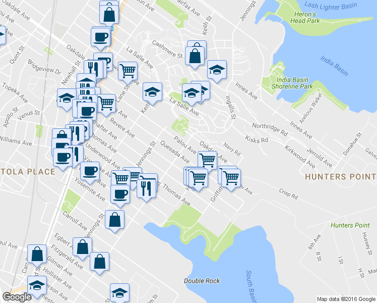 map of restaurants, bars, coffee shops, grocery stores, and more near 1195 Palou Avenue in San Francisco
