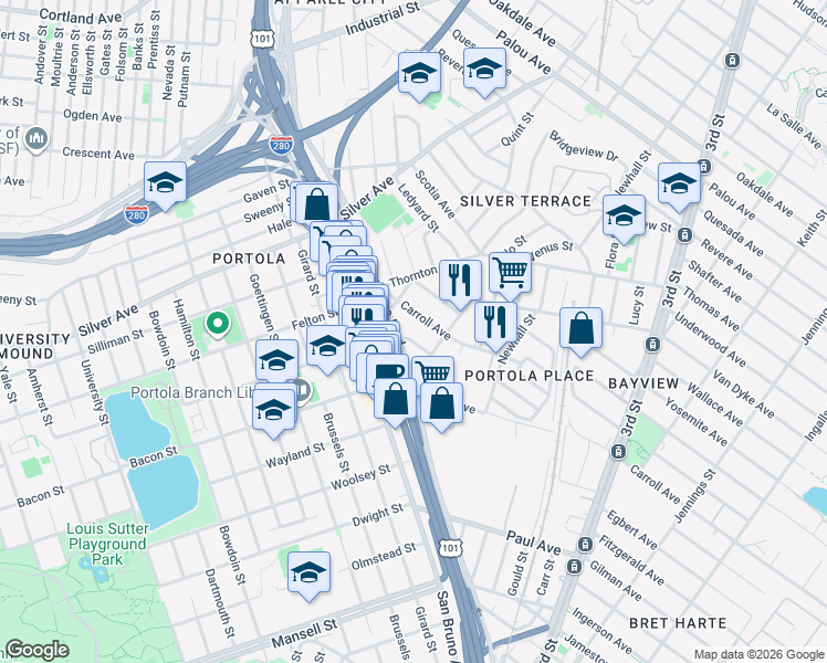 map of restaurants, bars, coffee shops, grocery stores, and more near 2031 Carroll Avenue in San Francisco