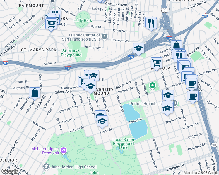 map of restaurants, bars, coffee shops, grocery stores, and more near 40 Princeton Street in San Francisco