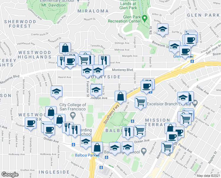 map of restaurants, bars, coffee shops, grocery stores, and more near 227 Flood Avenue in San Francisco