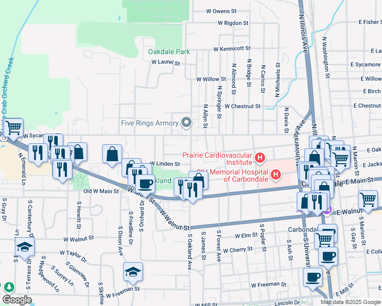 map of restaurants, bars, coffee shops, grocery stores, and more near 808 West Pecan Street in Carbondale