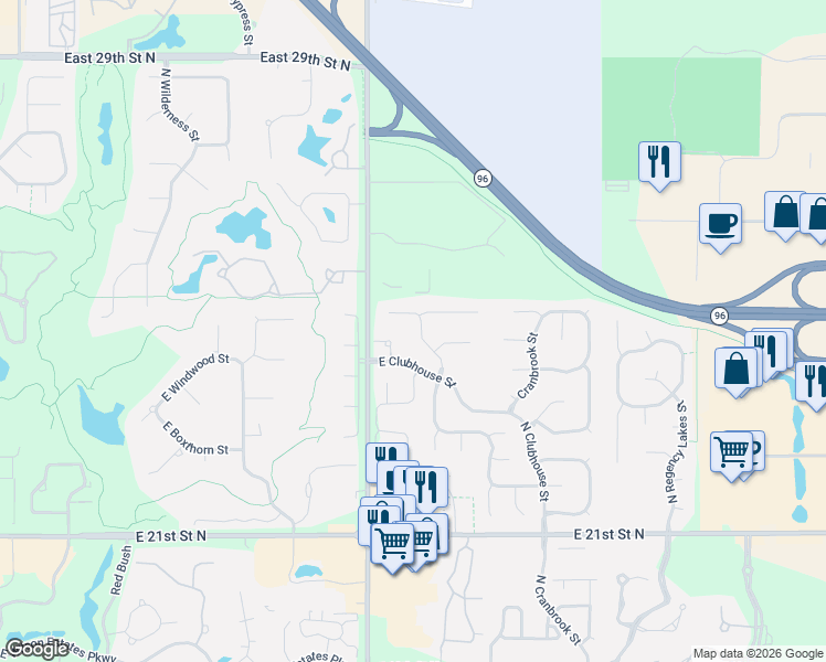 map of restaurants, bars, coffee shops, grocery stores, and more near 2528 North Fox Run Court in Wichita